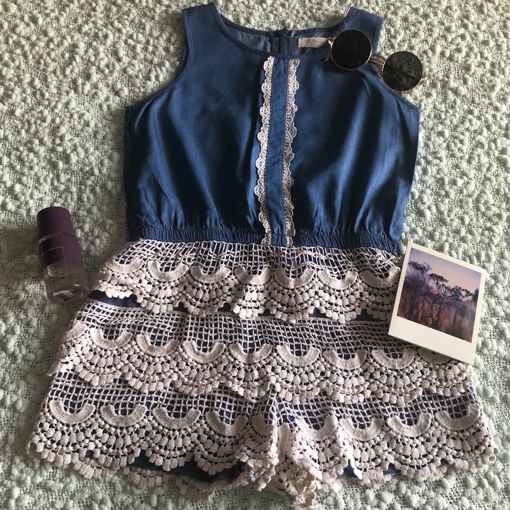 White and Denim Embroidered Romper